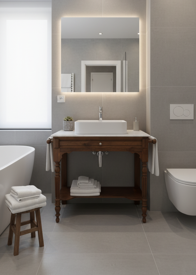 Table de Toilette Ancienne – Bois de Noyer & Double Plateau Marbre