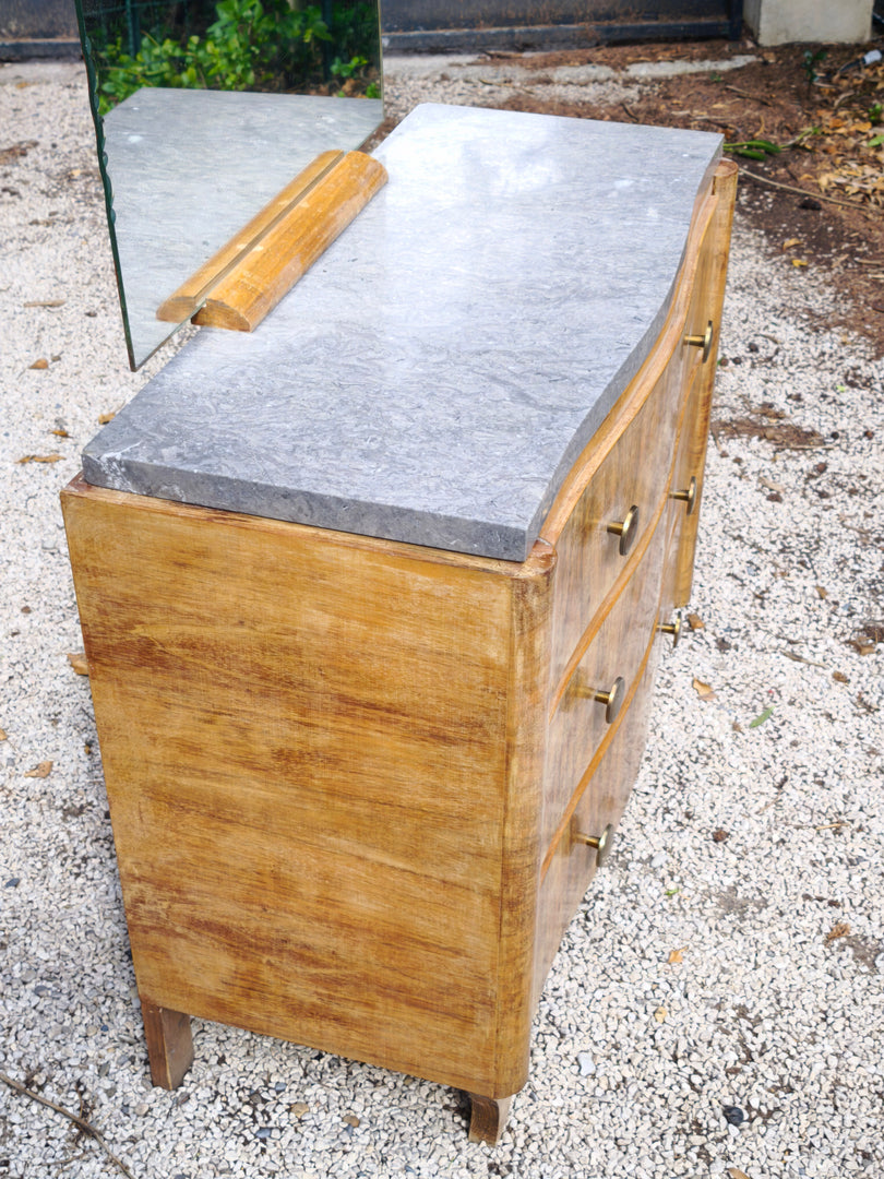 Commode Vintage Art Déco – Placage Loupe & Marbre Gris