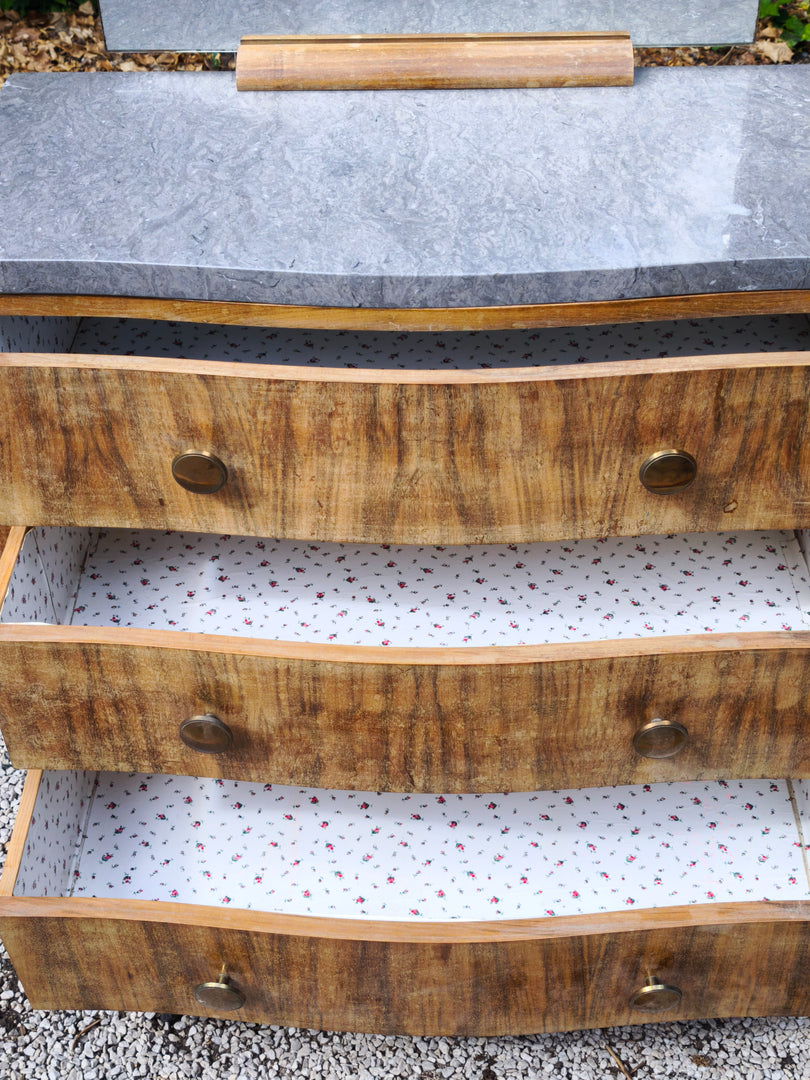 Commode Vintage Art Déco – Placage Loupe & Marbre Gris