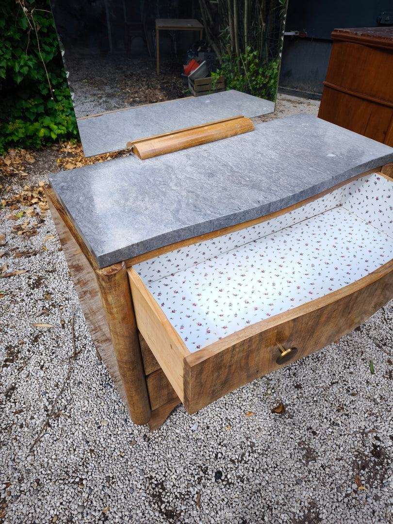 Commode Vintage Art Déco – Placage Loupe & Marbre Gris