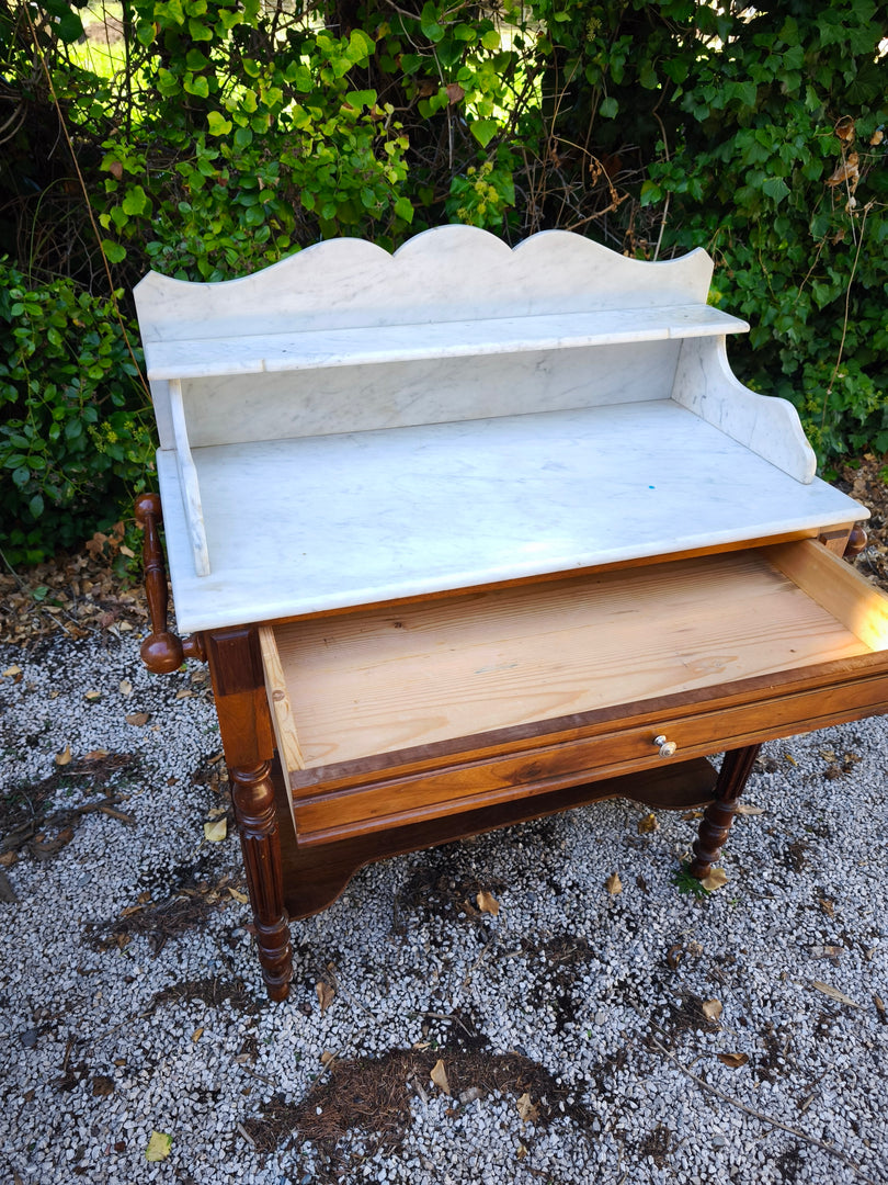 Table de Toilette Ancienne – Bois de Noyer & Double Plateau Marbre