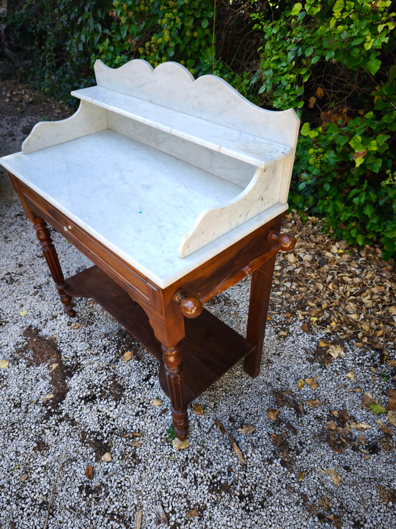 Table de Toilette Ancienne – Bois de Noyer & Double Plateau Marbre