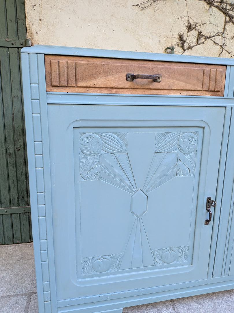 Buffet Art Déco des années 30 restauré – Bleu horizon et bois brut