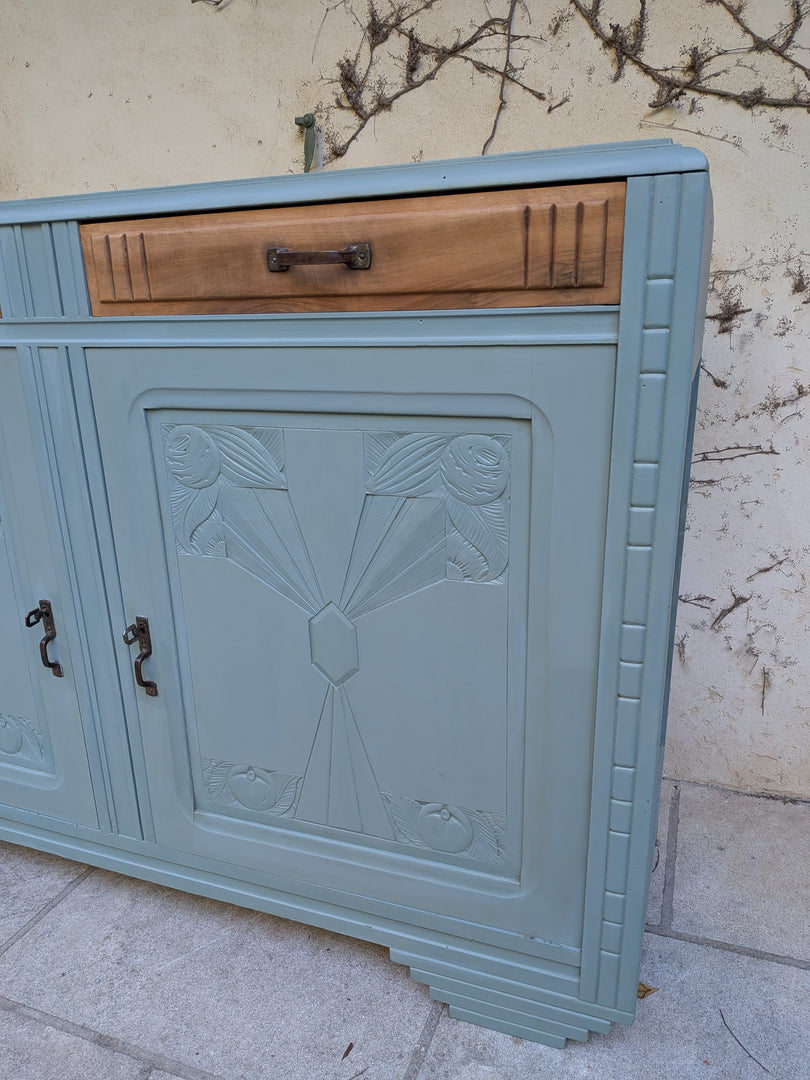 Buffet Art Déco des années 30 restauré – Bleu horizon et bois brut