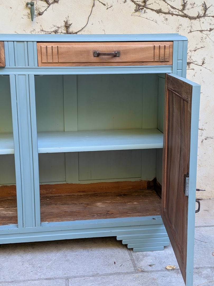 Buffet Art Déco des années 30 restauré – Bleu horizon et bois brut