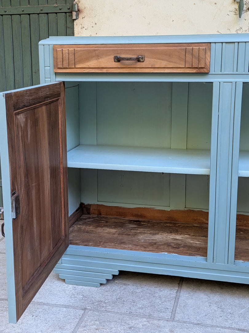 Buffet Art Déco des années 30 restauré – Bleu horizon et bois brut